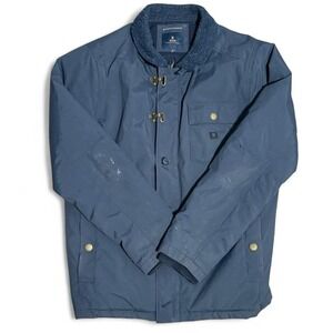 Roark blue jacket with fleece collar and toggle closure.